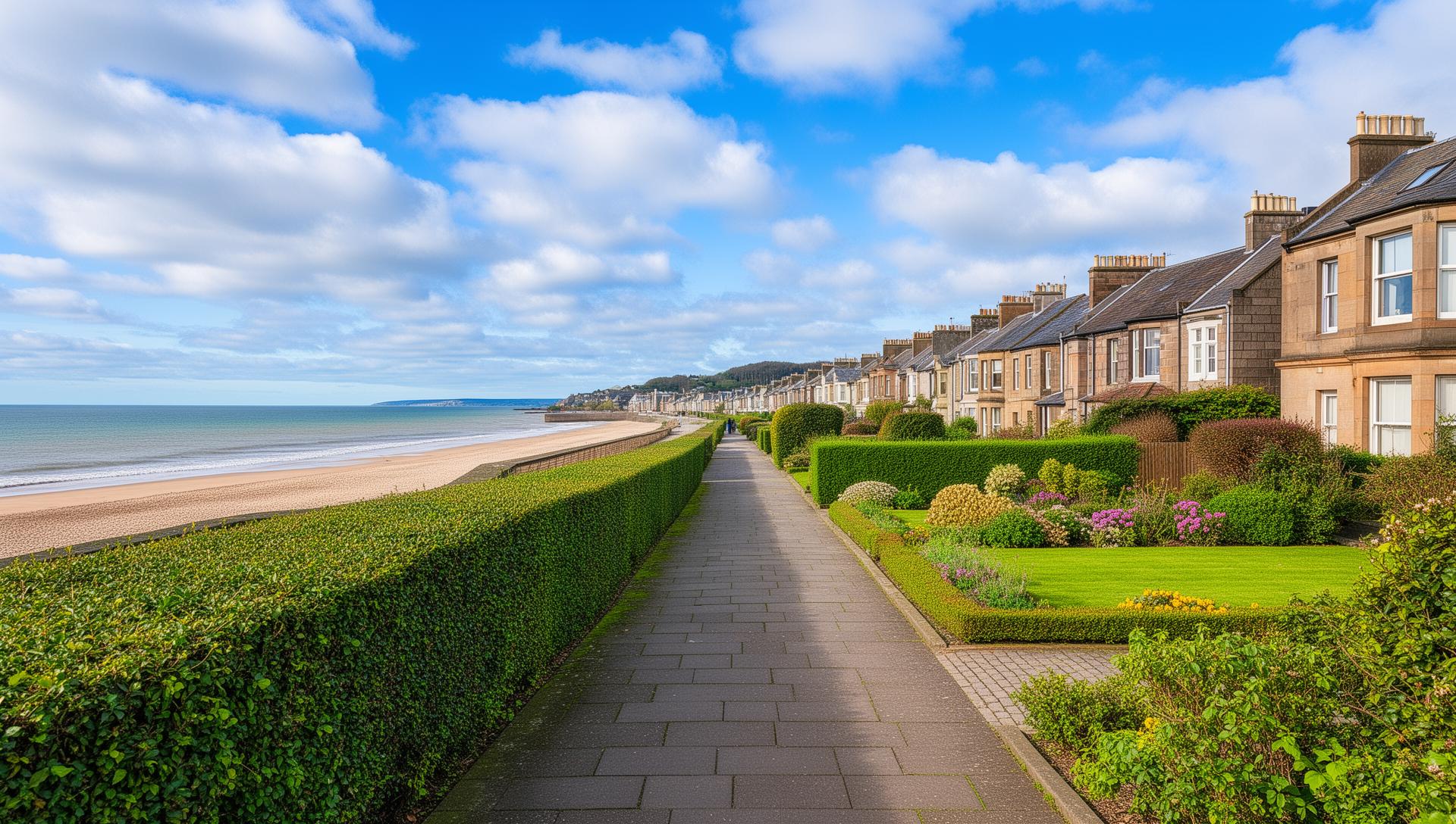 Ayr seafront with residential gardens and coastal properties, South Ayrshire