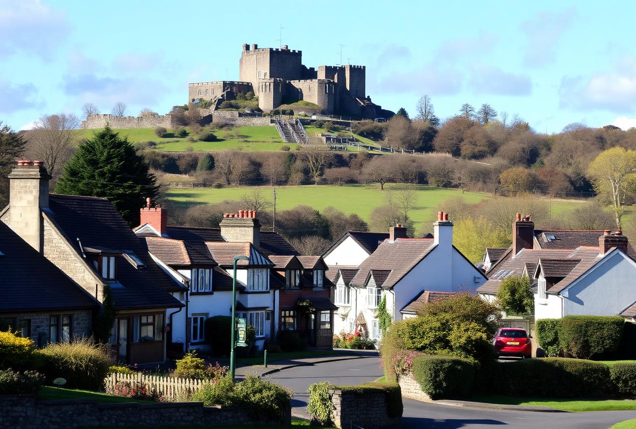 Dundonald village with castle on the hilltop, South Ayrshire