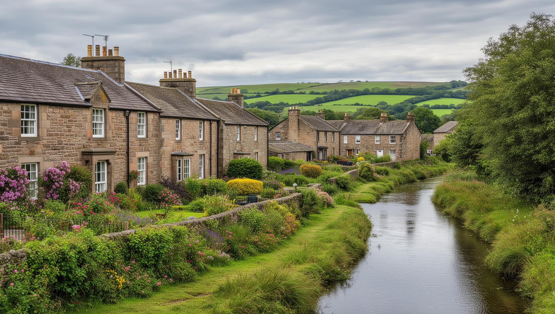 Traditional homes and gardens along the river in Galston, East Ayrshire