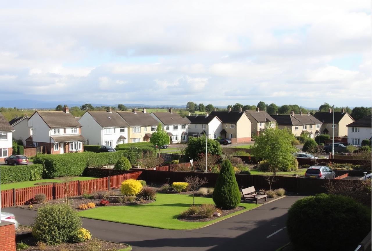 Suburban homes with gardens in Johnstone, Renfrewshire