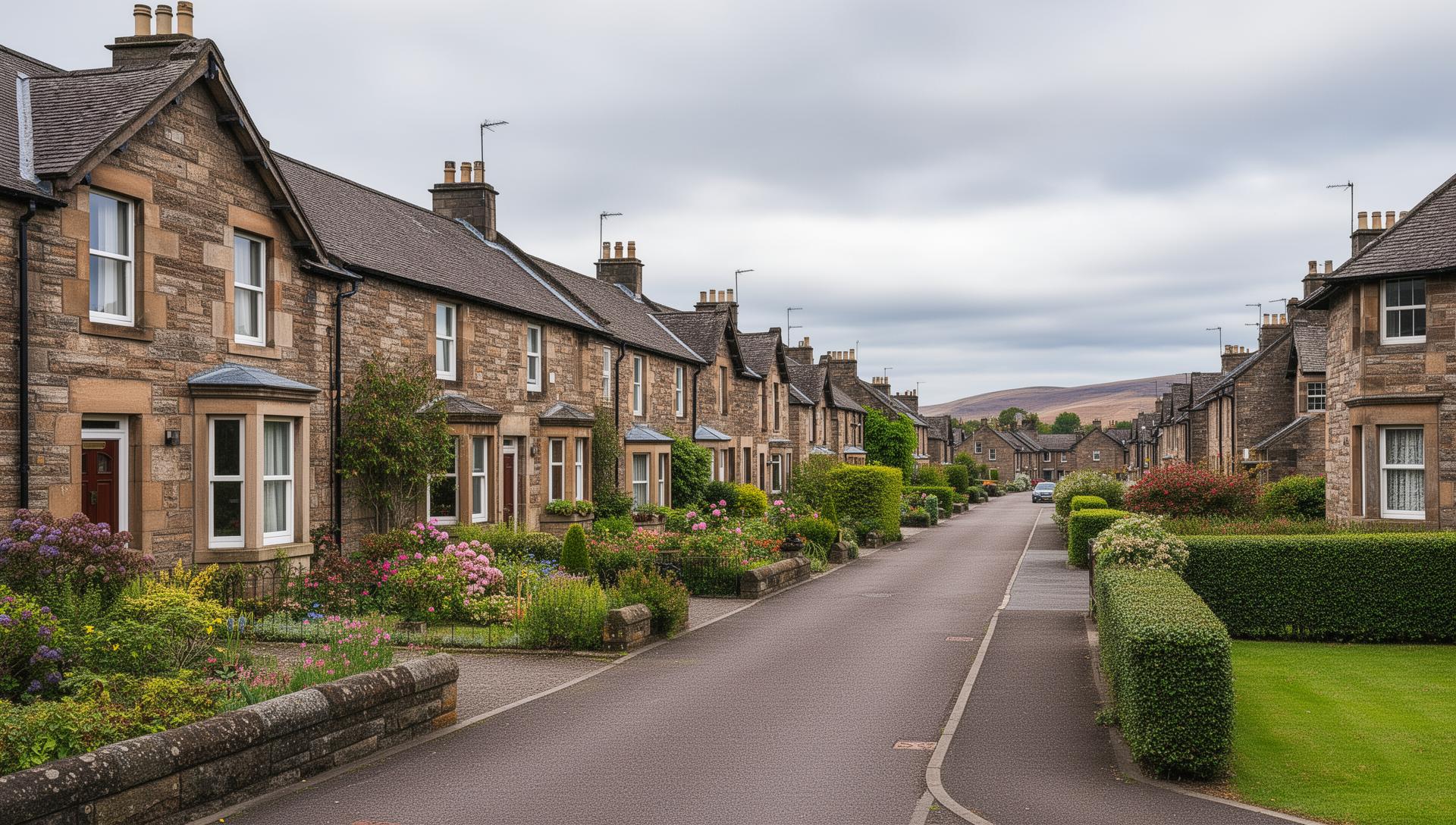 Traditional residential streets with front gardens in Paisley, Renfrewshire